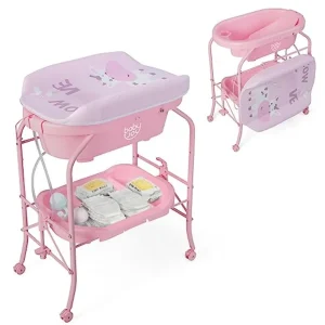 Baby Bathtub with Changing Table, Foldable Infant Diaper Changing Station with Storage Tray, Waterproof Pad, Portable Newborn Nu